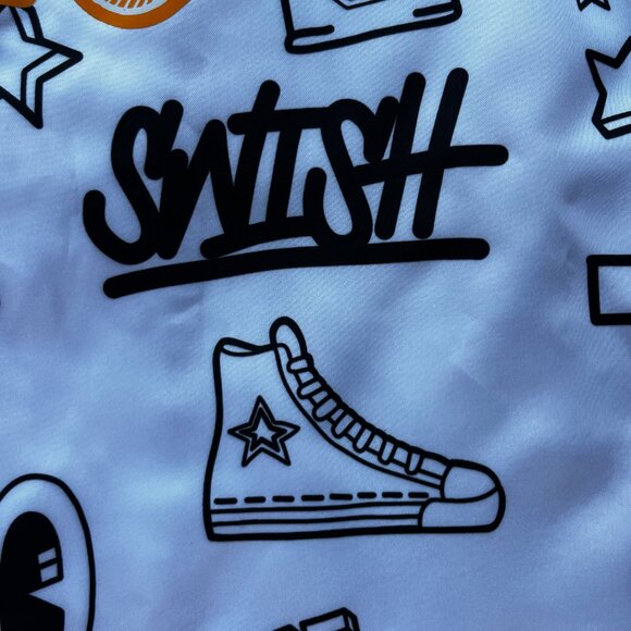 MITCHELL & NESS LAKERS GRAPHIC DOODLE SATIN BOMBER JACKET Women’s sz M White - Picture 7 of 13